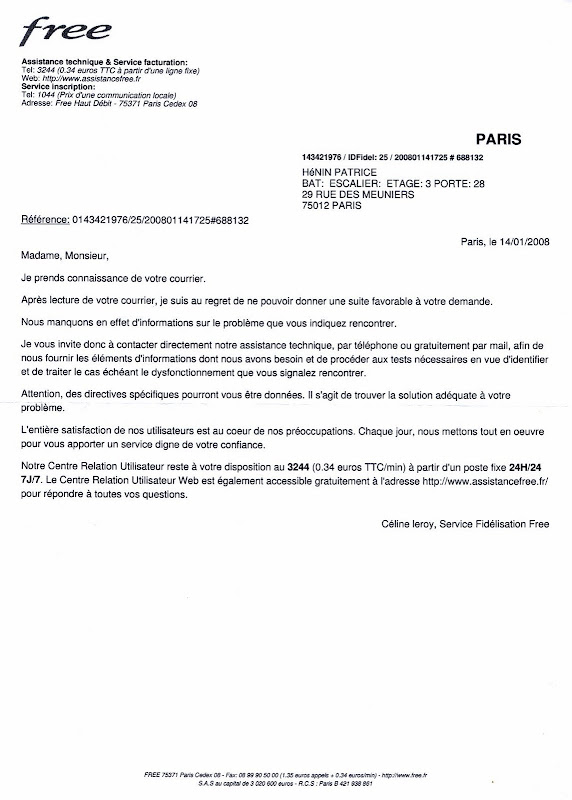 Free Forfait Free Haut Débit 75371 PARIS CEDEX 08